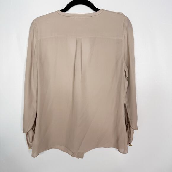 Parker XSmall XS Light Brown Beige Silk Split V Neck Blouse Roll Tab Sleeves - Picture 2 of 11